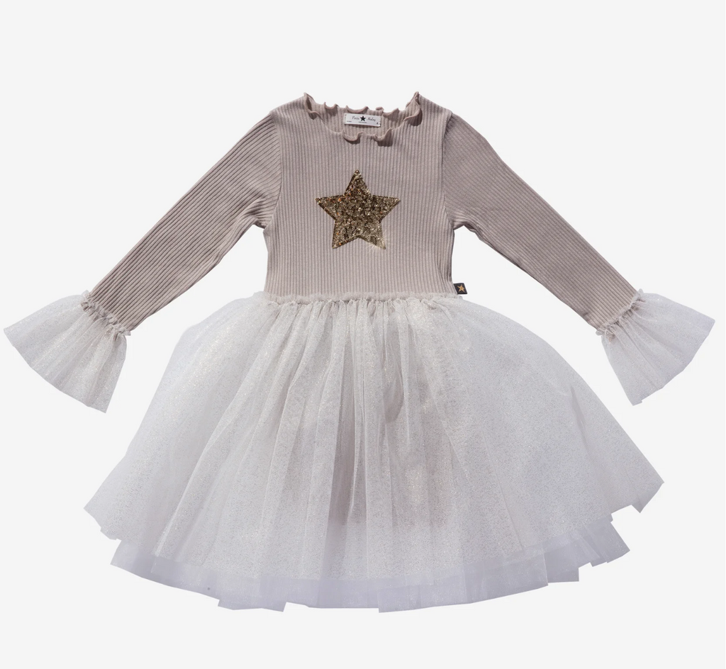 Petite Hailey Sleeve tutu dress beige