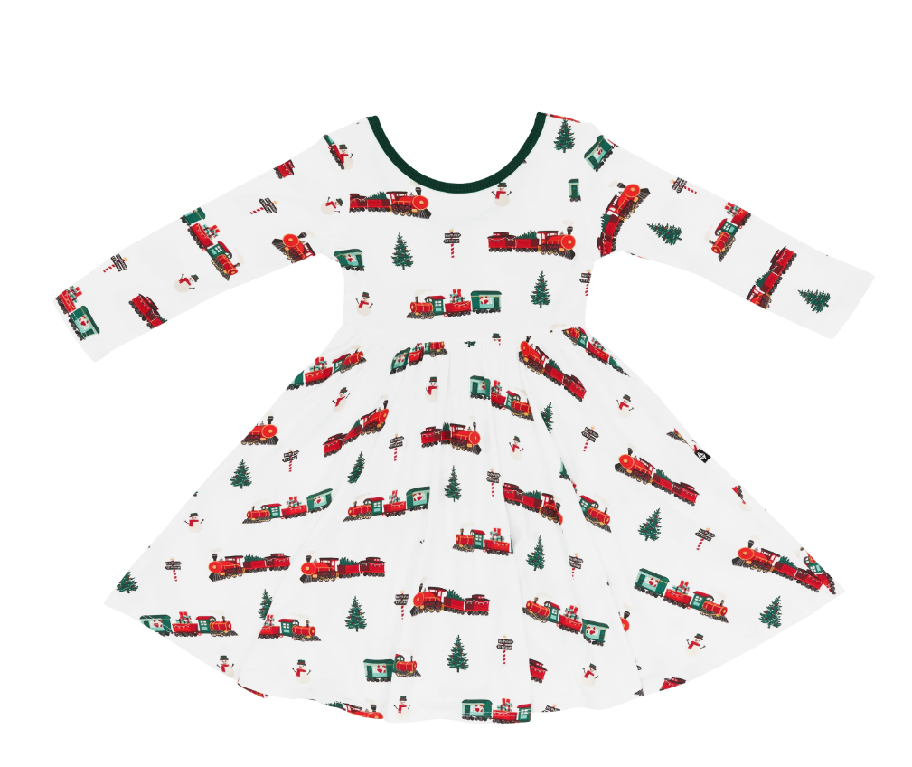Long Sleeve Twirl Dress in Holiday Train