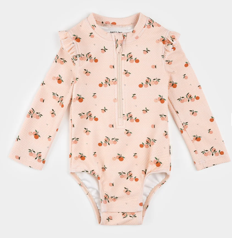 Oranges Print on Crème Tan Long-Sleeve One-Piece Swimsuit