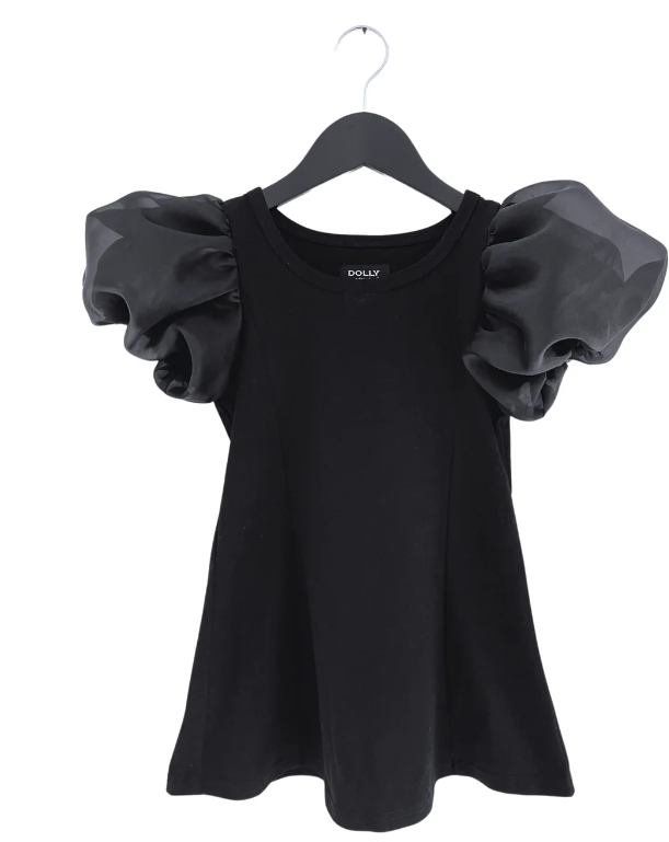DOLLY WORLD SHORT PUFF SLEEVE ORGANZA DRESS WITH COTTON BODY BLACK