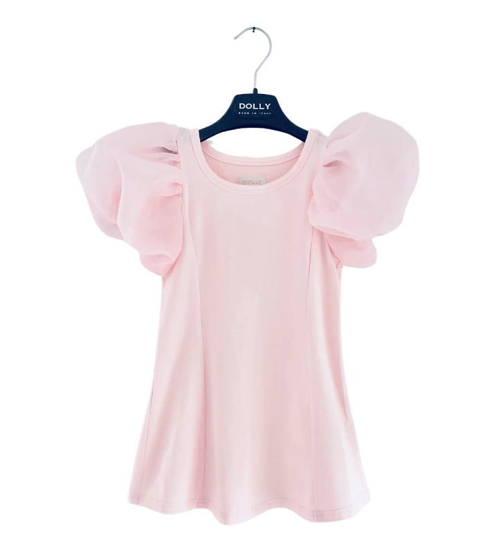 DOLLY WORLD SHORT PUFF SLEEVE ORGANZA DRESS WITH COTTON BODY pink