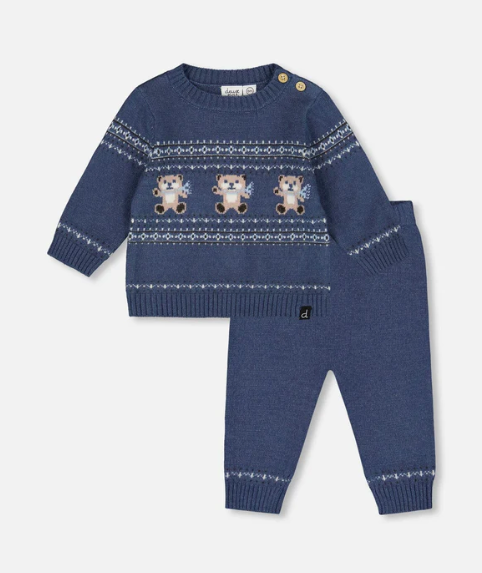 Knitted Jacquard Sweater And Pant Set Blue Gray With Bears