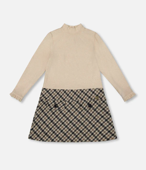 Long Sleeve Bi-Material Mock Neck Dress Beige And Plaid
