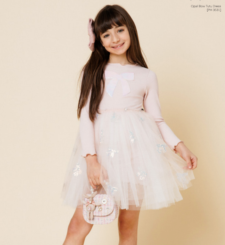 Petite Hailey Sleeve opal bow tutu dress