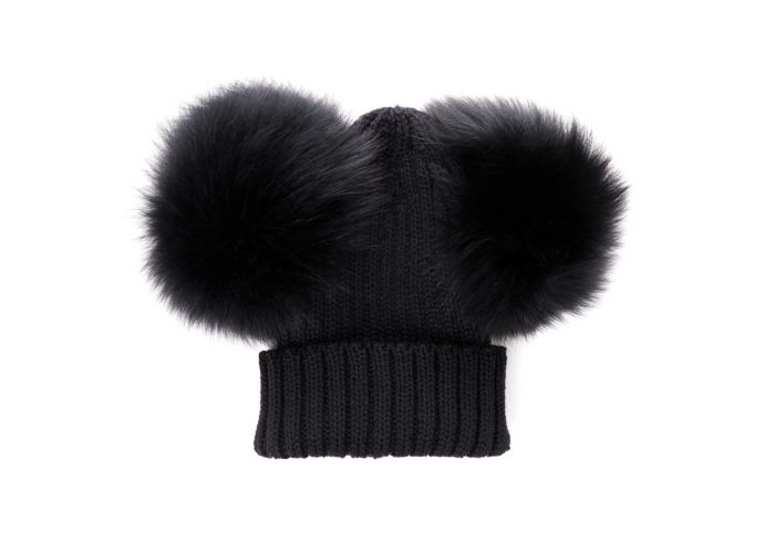 olilia double pom merino black hat