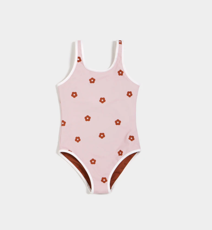 Flower Power Print on Blush Reversible Swimsuit