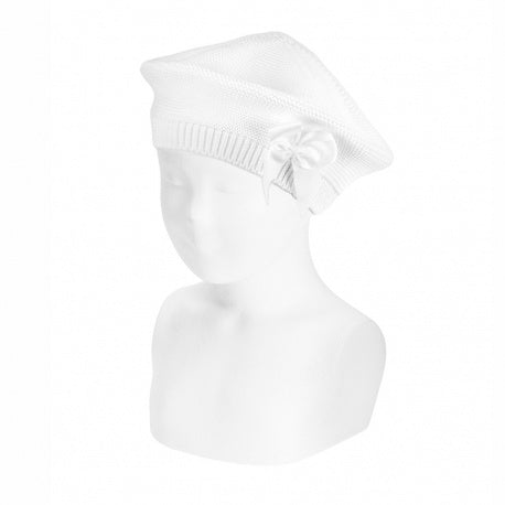 Condor GARTER STITCH BERET WITH GROSSGRAIN BOW white