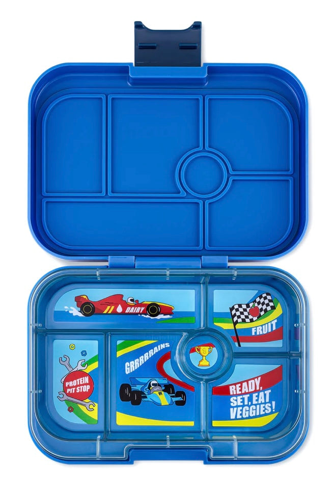Yumbox Original 6 Compartment surf blue with race cars tray