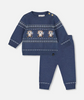 Knitted Jacquard Sweater And Pant Set Blue Gray With Bears