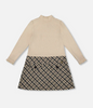 Long Sleeve Bi-Material Mock Neck Dress Beige And Plaid