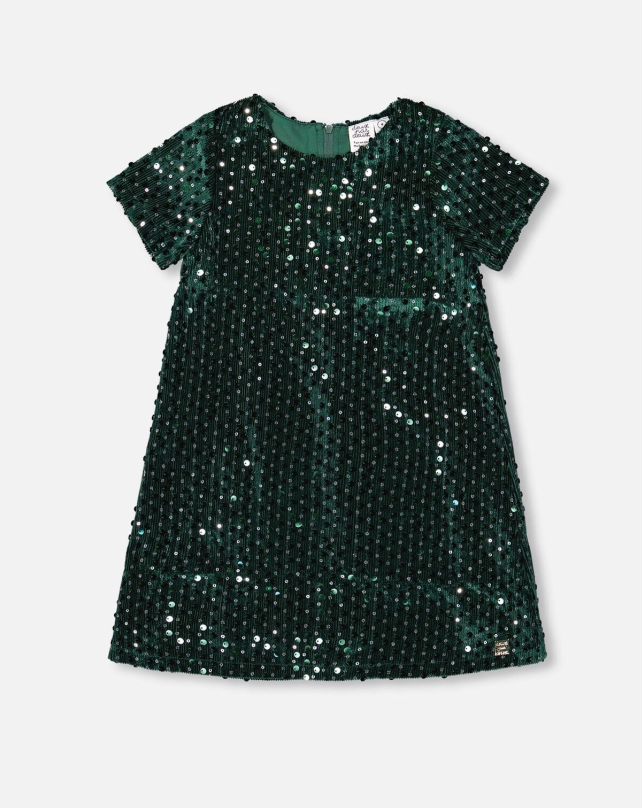 deux par deux Velvet Short Sleeve Dress Forest Green
