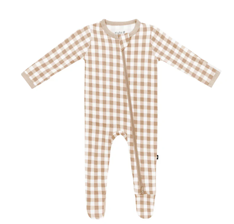 KYTE BABY Zippered Footie in gingham bisque