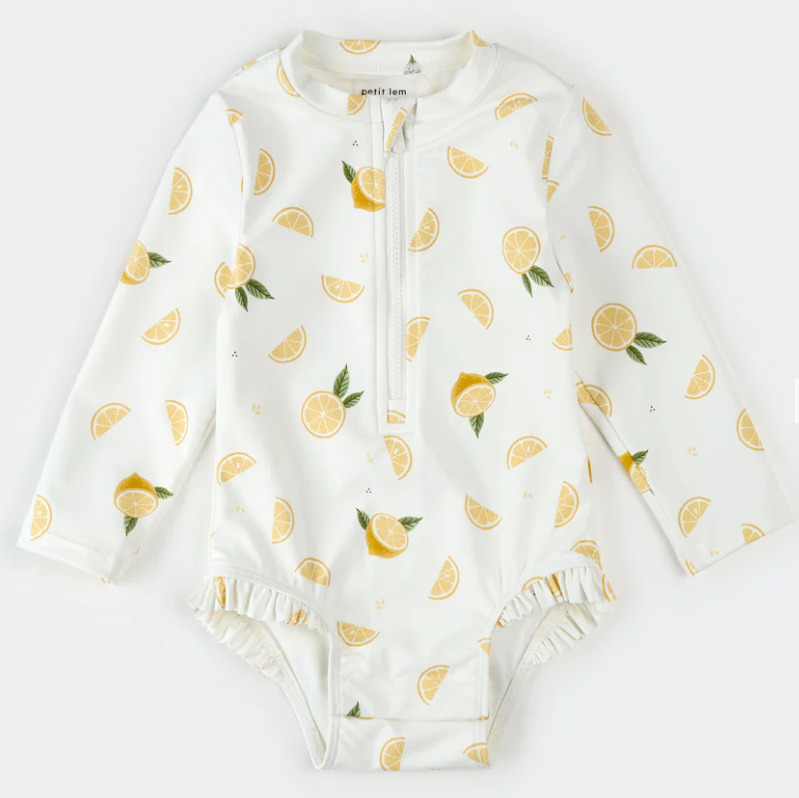 Lemon Print on Off-White Long-Sleeve One-Piece Swimsuit - LittleLeafBaby