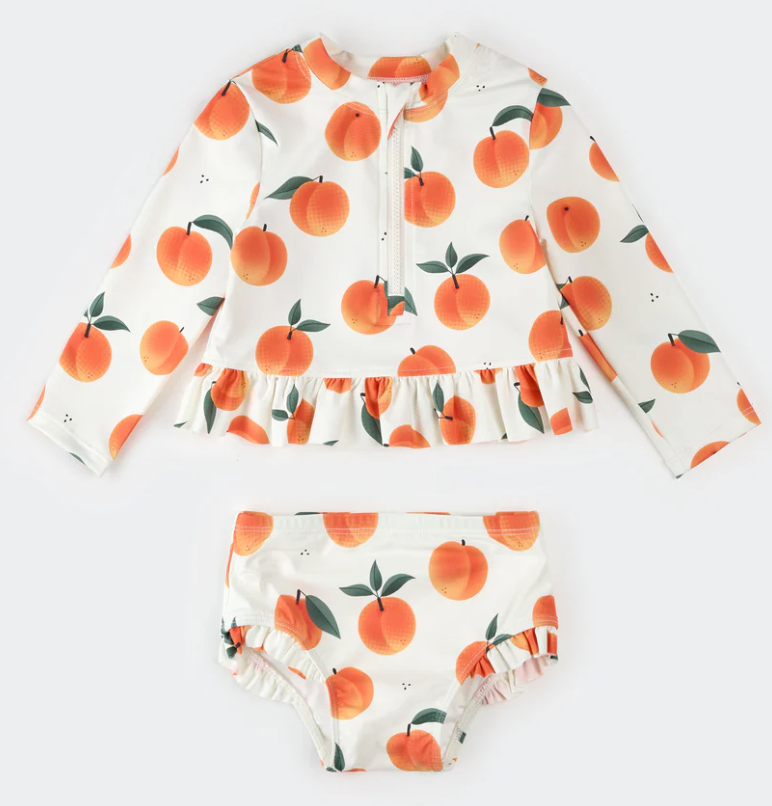 Peaches Print on Off-White Long-Sleeve Rashguard Set - LittleLeafBaby