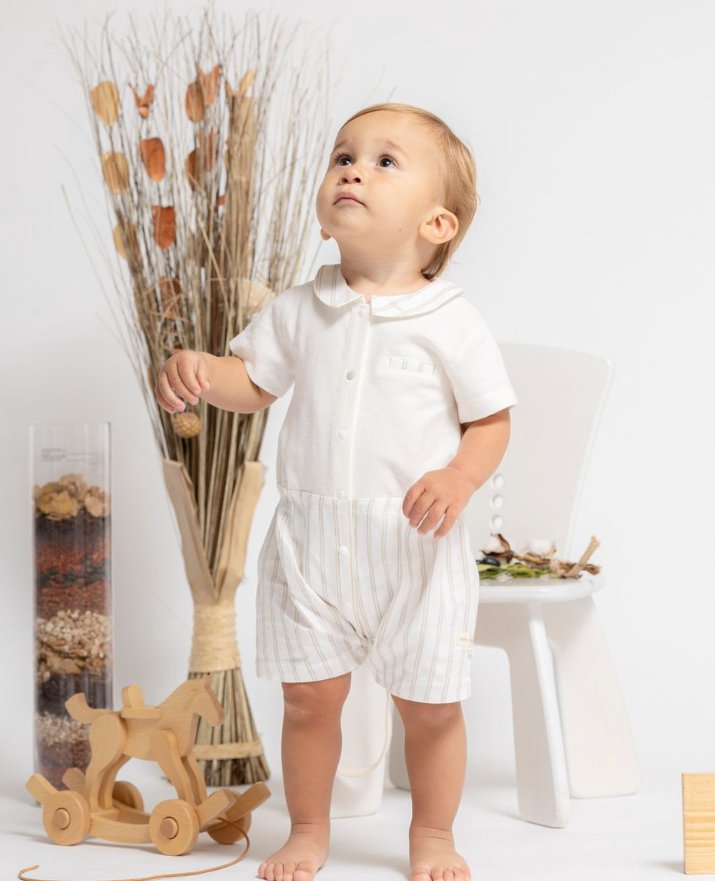 Blara boy Short Sleeve Shirt Collar Romper - Brown and White Stripe - LittleLeafBaby