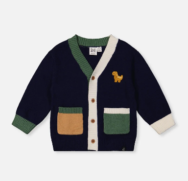 deux par deux Knit Cardigan With Dino Dark Blue, Green And Yellow - LittleLeafBaby