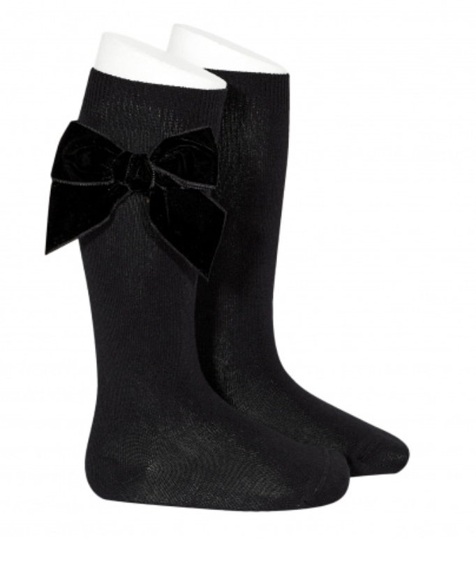 Cotton knee socks with side velvet bow BLACK